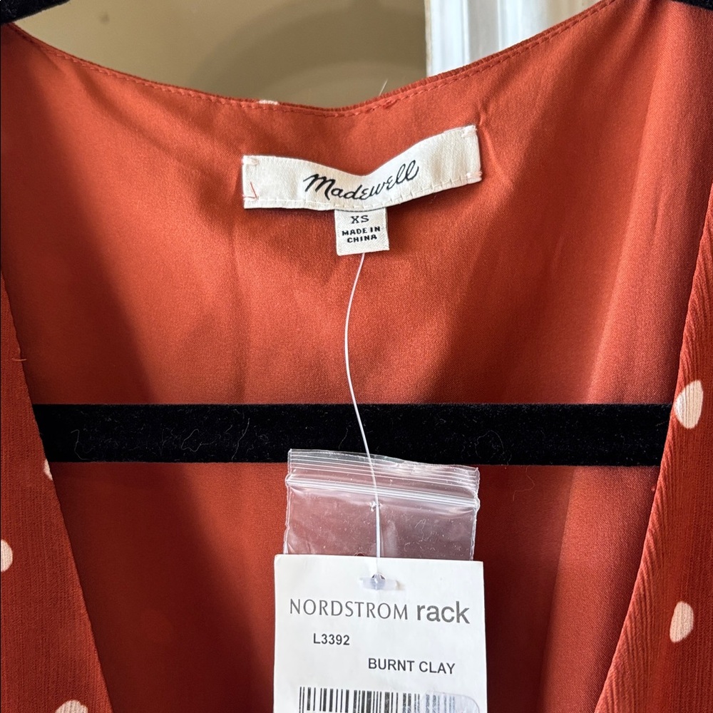 NWT Madewell Smocked-Waist Mini Dress in Burnt Clay Polka Dot - Size XS - Picture 4 of 6